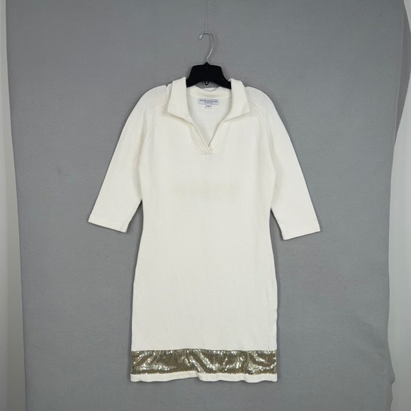 Peter England Nantucket Dresses & Skirts - Peter England Dress Women Large White Gold Sequin Hem Knit Preppy Nantucket